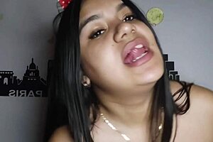 Latin girl brunette stop to suck and lick cum and is on the web cam